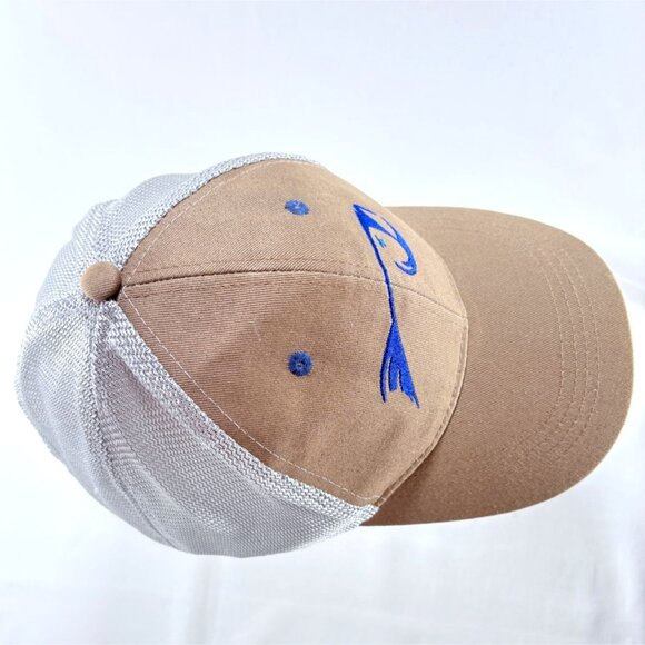RisingFish Tan w/ Silver Mesh Strapback Trucker Hat Embroidered Fish Head - Picture 4 of 7